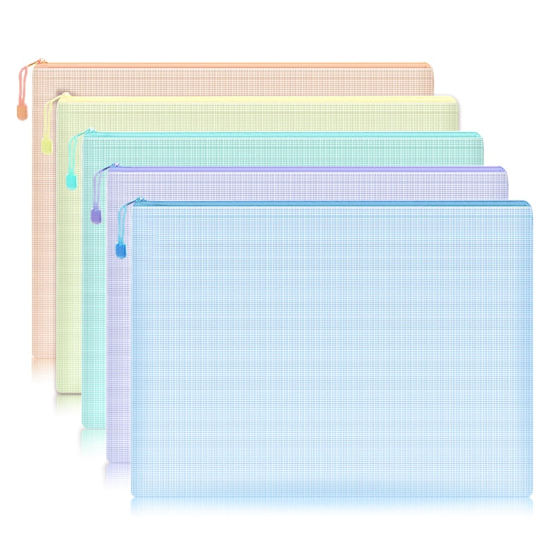 5pcs Mesh Zipper Pouch Document Bag Waterproof Zip File Folders A4 School Office Supplies Pencil Case Storage Bags - Hiccupzz