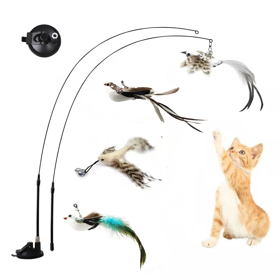 Simulation Bird Interactive Funny Cat Stick Toy Furry Feather Bird With Bell Sucker Cat Stick Toy Kitten Playing Toy - Hiccupzz