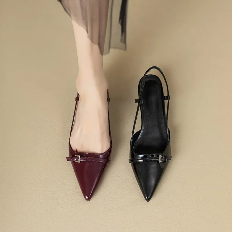 Women's French Wine Red Patent Leather Mid-Heel Pointed Sandals - Retro Skinny Heel Backless Design - Hiccupzz