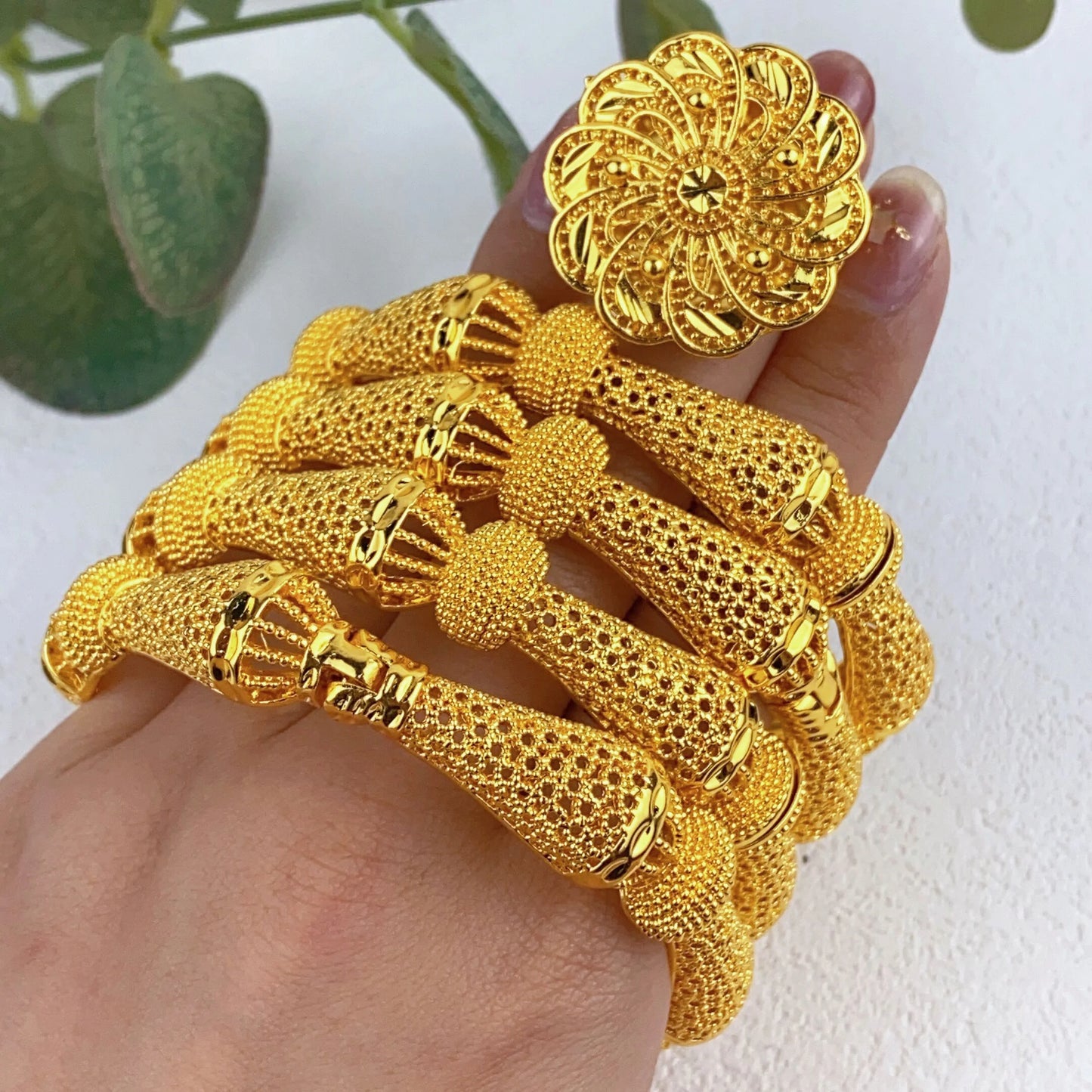 Women Charm Bracelet Bangle, 24K Gold Color Jewelry, Dubai Flower Bangle Brand, African Designer Ethiopian Hawaiian Jewelry - Hiccupzz