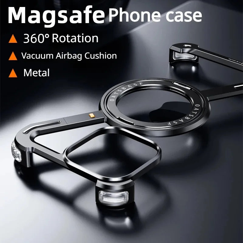 Eary Z Shape Frameless Phone Case for iPhone15 Pro Max/Plus/Pro/ 15 Magsafe Metal Cover Magnetic Bumper 360° Rotation with Stand - Hiccupzz