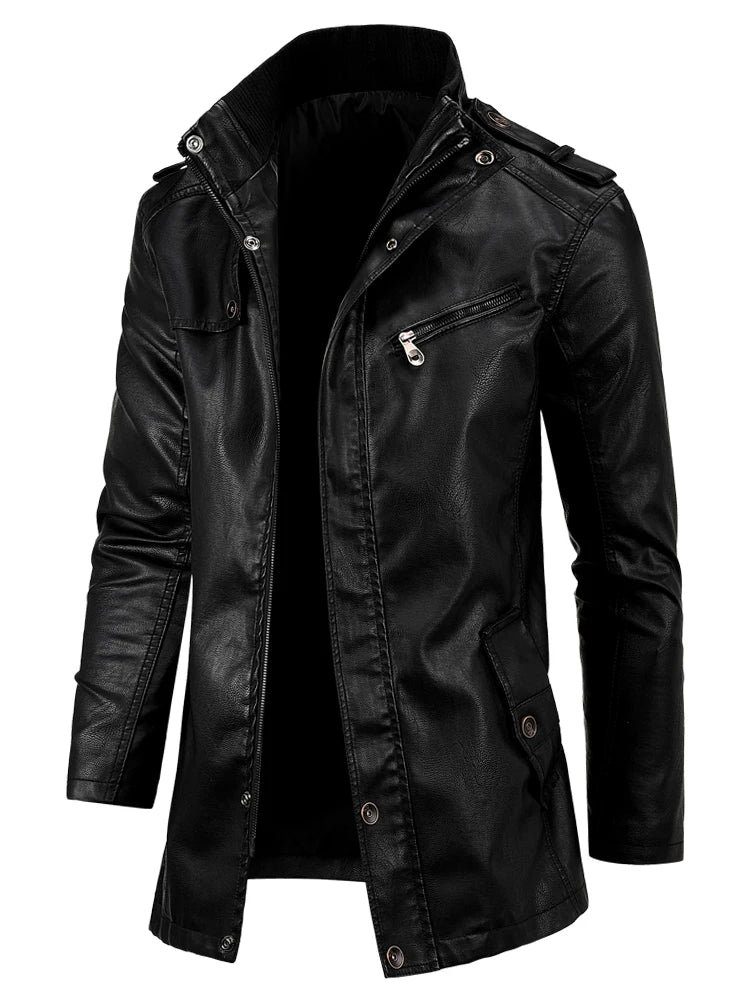 Men's Autumn Fashion Leather Jacket - Warm Long Coat with Pockets, Casual Winter England Style Vintage Parka - Hiccupzz