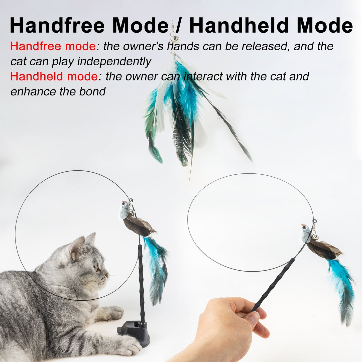 Handfree Bird/Feather Cat Wand with Bell Powerful Suction Cup Interactive Toys for Cats Kitten Hunting Exercise - Hiccupzz
