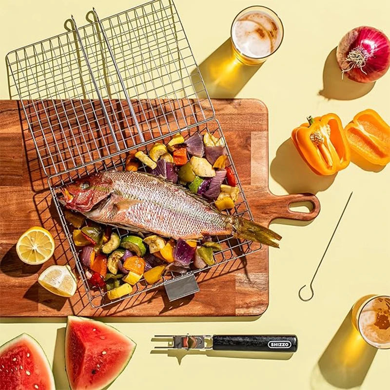 Grill Basket Folding Portable Stainless Steel BBQ Grill Basket With Handle for Fish Vegetables Shrimp Cooking Accessories - Hiccupzz
