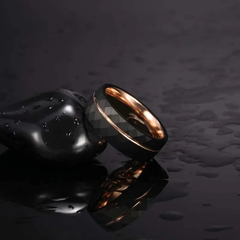 Tigrade 4mm 6mm 8mm Black Tungsten Rings for Men Women Thin Rose Gold Groove Hammered Wedding Band Ring Comfort Fit Size 5-14 - Hiccupzz