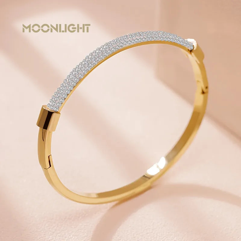 Fashion Cubic Zirconia Cuff Bangles for Women Trendy Titanium Steel Circular Classic Bracelet Female Jewelry - Hiccupzz