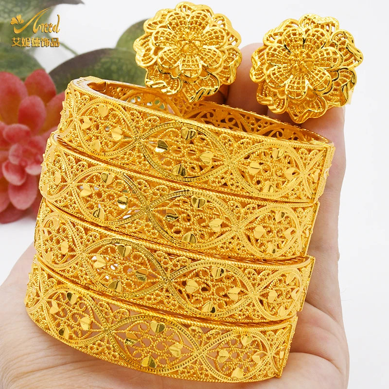 Women Charm Bracelet Bangle, 24K Gold Color Jewelry, Dubai Flower Bangle Brand, African Designer Ethiopian Hawaiian Jewelry - Hiccupzz