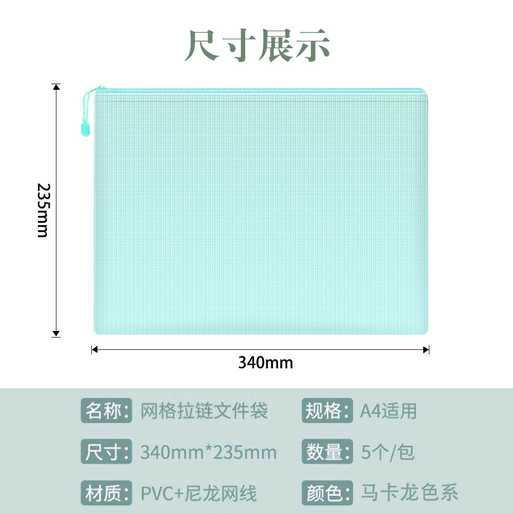 5pcs Mesh Zipper Pouch Document Bag Waterproof Zip File Folders A4 School Office Supplies Pencil Case Storage Bags - Hiccupzz