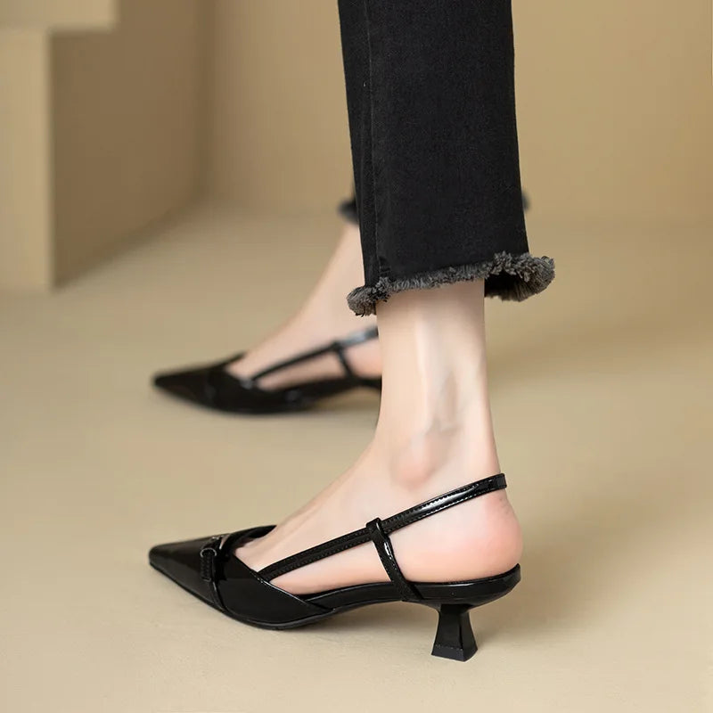 Women's French Wine Red Patent Leather Mid-Heel Pointed Sandals - Retro Skinny Heel Backless Design - Hiccupzz