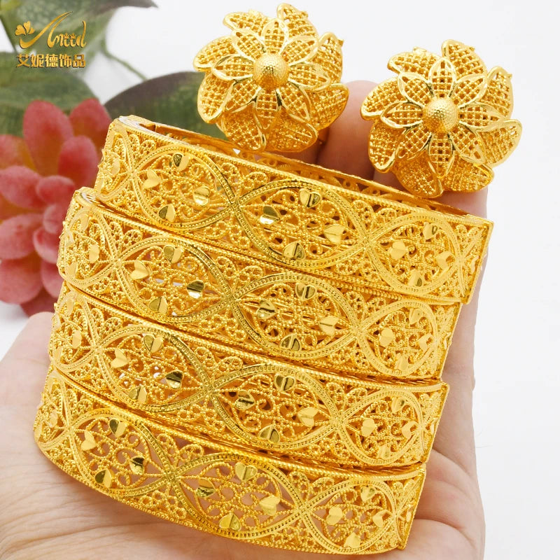 Women Charm Bracelet Bangle, 24K Gold Color Jewelry, Dubai Flower Bangle Brand, African Designer Ethiopian Hawaiian Jewelry - Hiccupzz