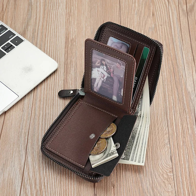 Men's Luxury Leather Wallet - RFID Zipper Card Holder with Coin Pocket, Perfect Gift for Men
