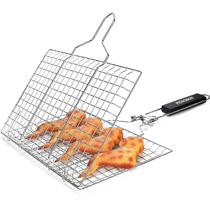 Grill Basket Folding Portable Stainless Steel BBQ Grill Basket With Handle for Fish Vegetables Shrimp Cooking Accessories - Hiccupzz