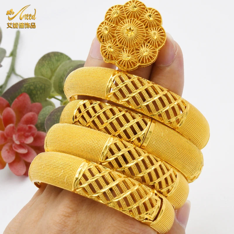 Women Charm Bracelet Bangle, 24K Gold Color Jewelry, Dubai Flower Bangle Brand, African Designer Ethiopian Hawaiian Jewelry - Hiccupzz