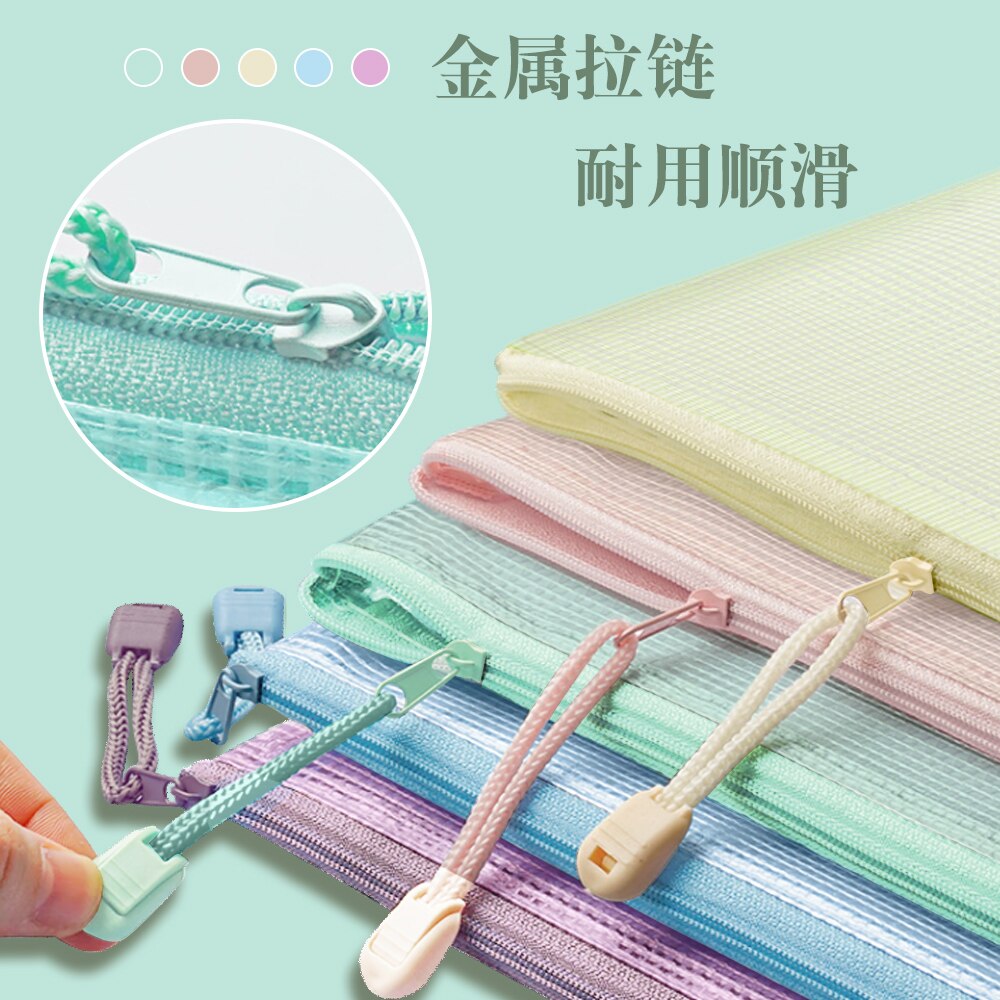 5pcs Mesh Zipper Pouch Document Bag Waterproof Zip File Folders A4 School Office Supplies Pencil Case Storage Bags - Hiccupzz