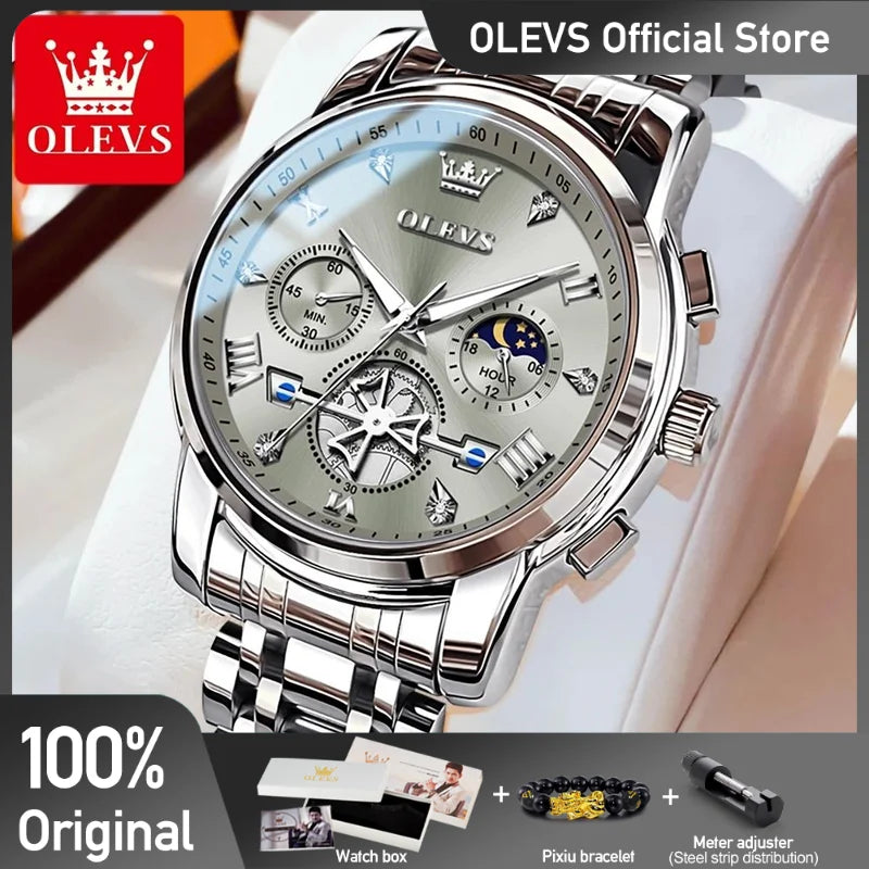 Men's Classic Multifunctional Watch - Flywheel Chronograph, Moon Phase, 24-Hour Waterproof Quartz Wristwatch
