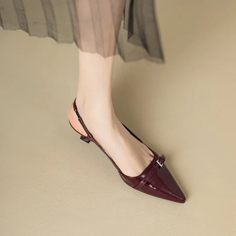 Women's French Wine Red Patent Leather Mid-Heel Pointed Sandals - Retro Skinny Heel Backless Design - Hiccupzz