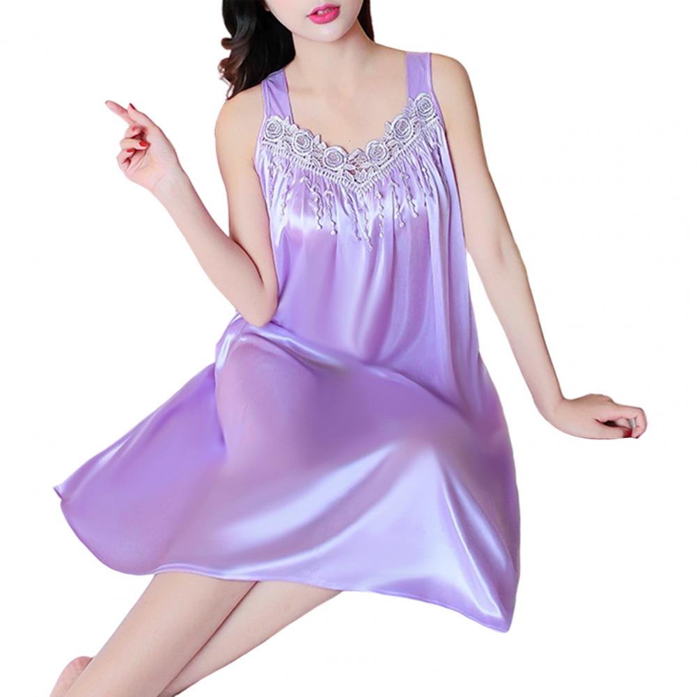 Hot!Women Night Dress Solid Color Sleeveless Knee Length Breathable Great Stitching Women Nightie Lady Pajamas for Female - Hiccupzz