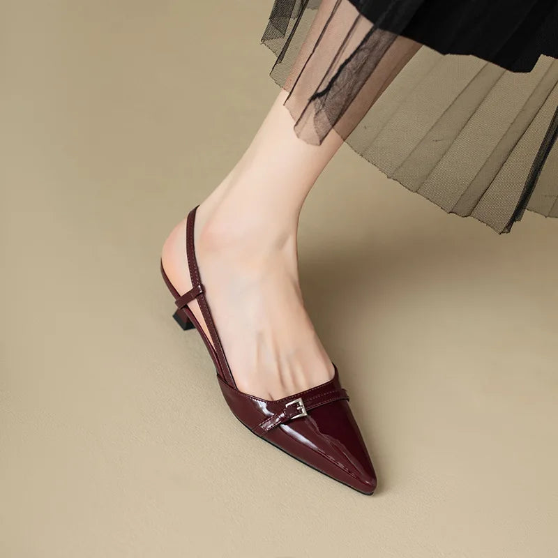 Women's French Wine Red Patent Leather Mid-Heel Pointed Sandals - Retro Skinny Heel Backless Design - Hiccupzz