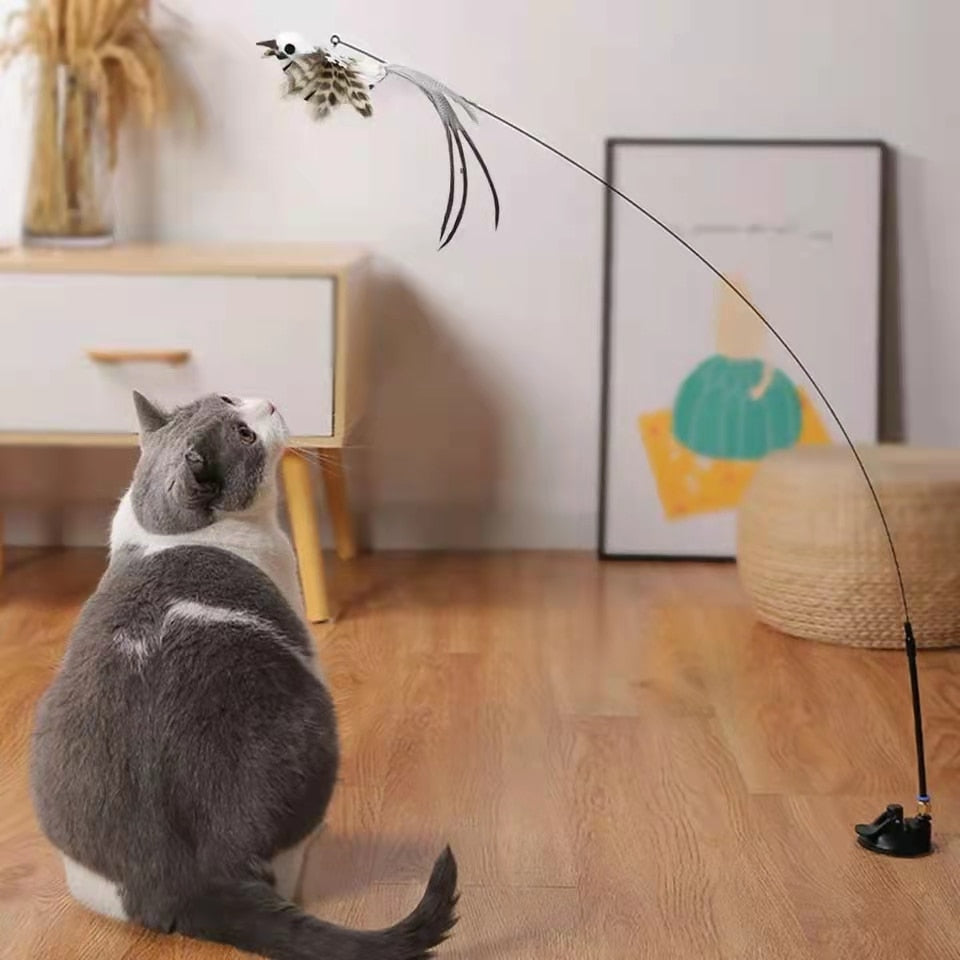 Simulation Bird Interactive Funny Cat Stick Toy Furry Feather Bird With Bell Sucker Cat Stick Toy Kitten Playing Toy - Hiccupzz