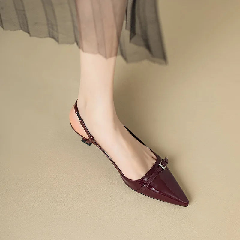 Women's French Wine Red Patent Leather Mid-Heel Pointed Sandals - Retro Skinny Heel Backless Design - Hiccupzz