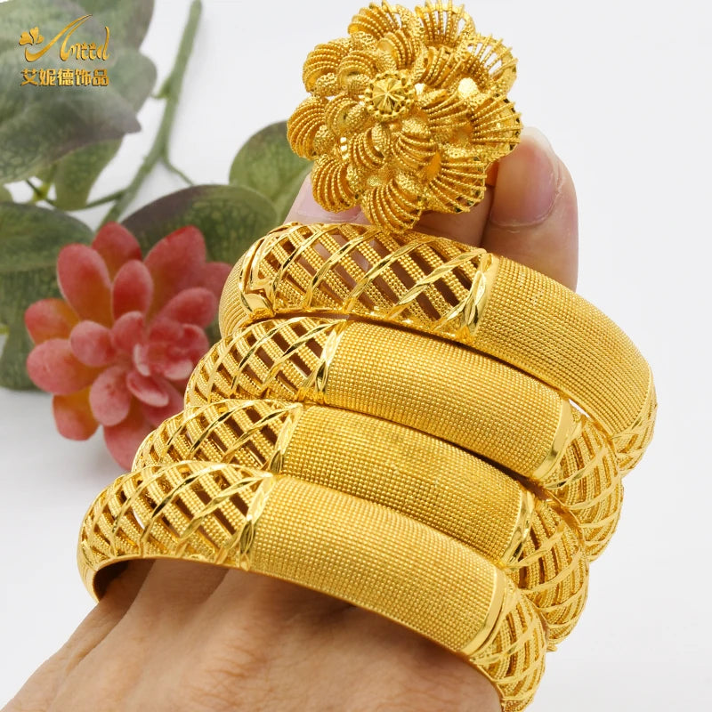 Women Charm Bracelet Bangle, 24K Gold Color Jewelry, Dubai Flower Bangle Brand, African Designer Ethiopian Hawaiian Jewelry - Hiccupzz