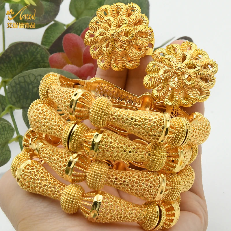 Women Charm Bracelet Bangle, 24K Gold Color Jewelry, Dubai Flower Bangle Brand, African Designer Ethiopian Hawaiian Jewelry - Hiccupzz