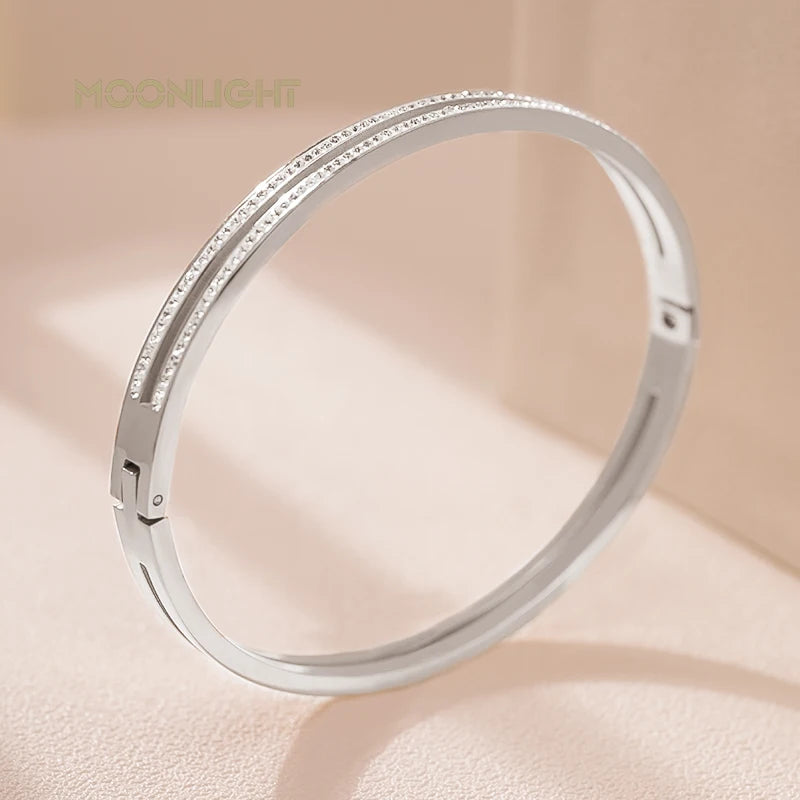Fashion Cubic Zirconia Cuff Bangles for Women Trendy Titanium Steel Circular Classic Bracelet Female Jewelry - Hiccupzz
