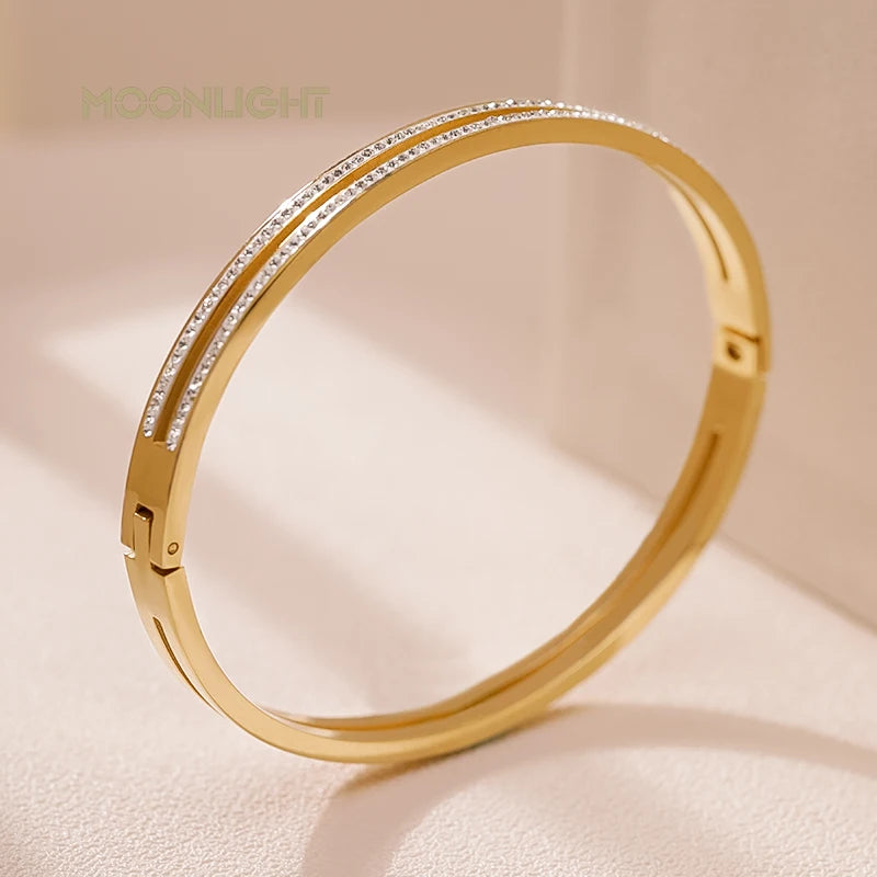 Fashion Cubic Zirconia Cuff Bangles for Women Trendy Titanium Steel Circular Classic Bracelet Female Jewelry - Hiccupzz