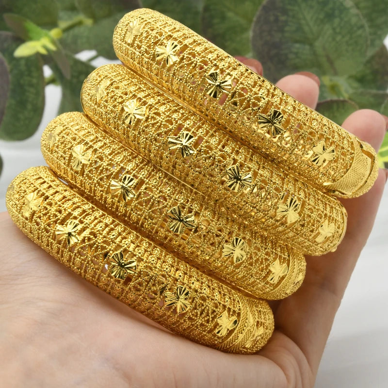 Women Charm Bracelet Bangle, 24K Gold Color Jewelry, Dubai Flower Bangle Brand, African Designer Ethiopian Hawaiian Jewelry - Hiccupzz