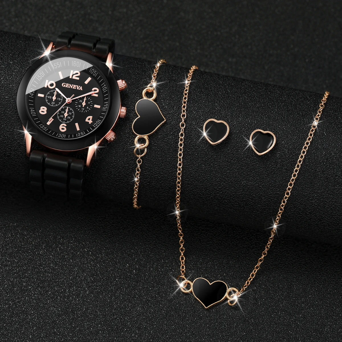 4 Pcs Geneva Women's Quartz Watch Set - Fashion Silicone Band with Heart Jewelry (Without Box)