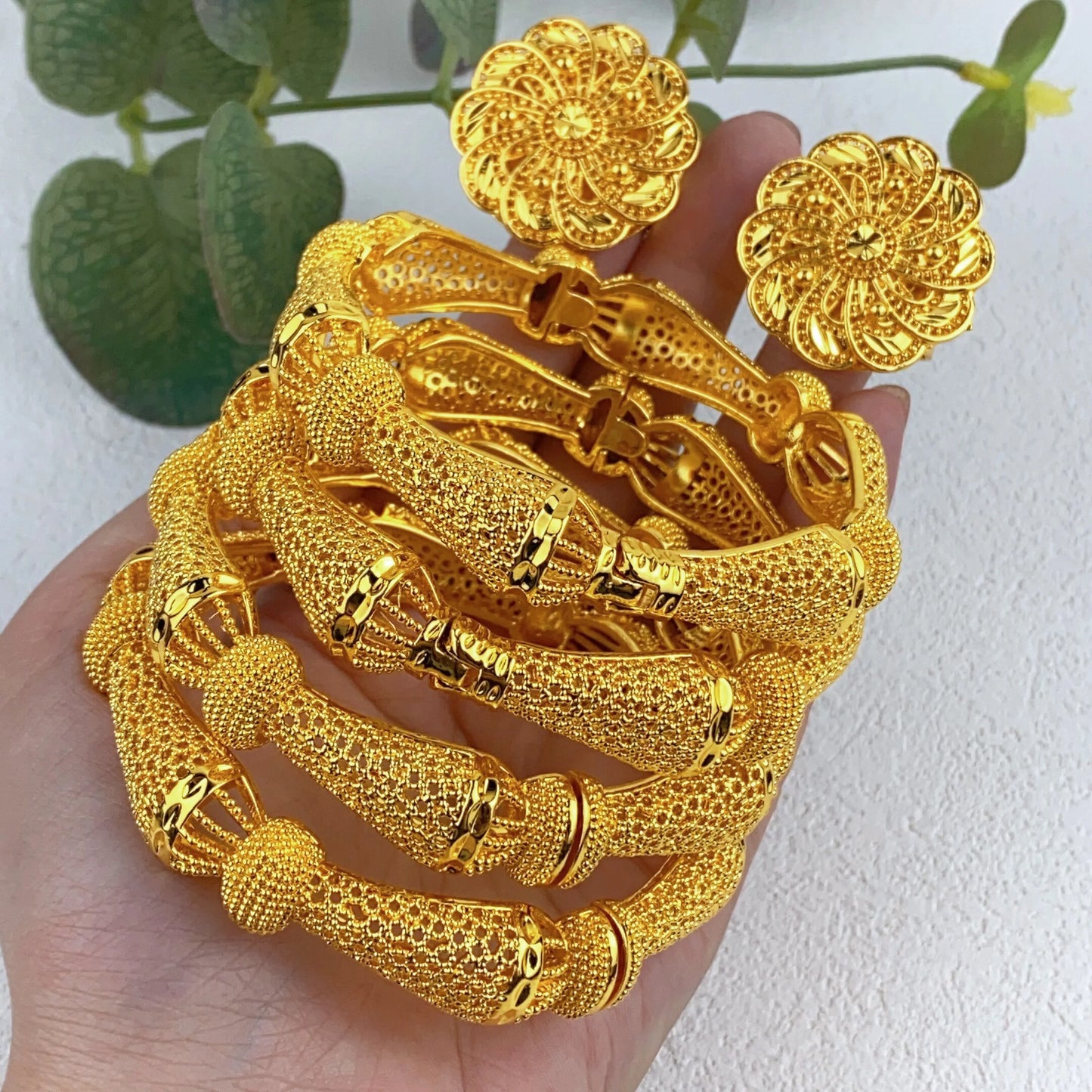 Women Charm Bracelet Bangle, 24K Gold Color Jewelry, Dubai Flower Bangle Brand, African Designer Ethiopian Hawaiian Jewelry - Hiccupzz