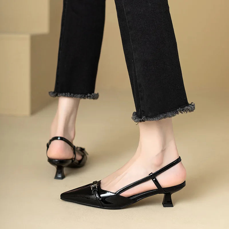 Women's French Wine Red Patent Leather Mid-Heel Pointed Sandals - Retro Skinny Heel Backless Design - Hiccupzz