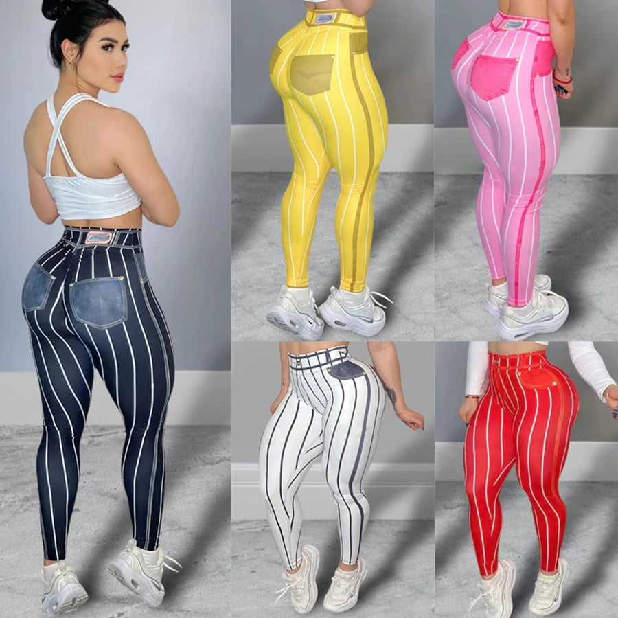 Women's High Waist Stripe Print Sports Leggings - Hiccupzz