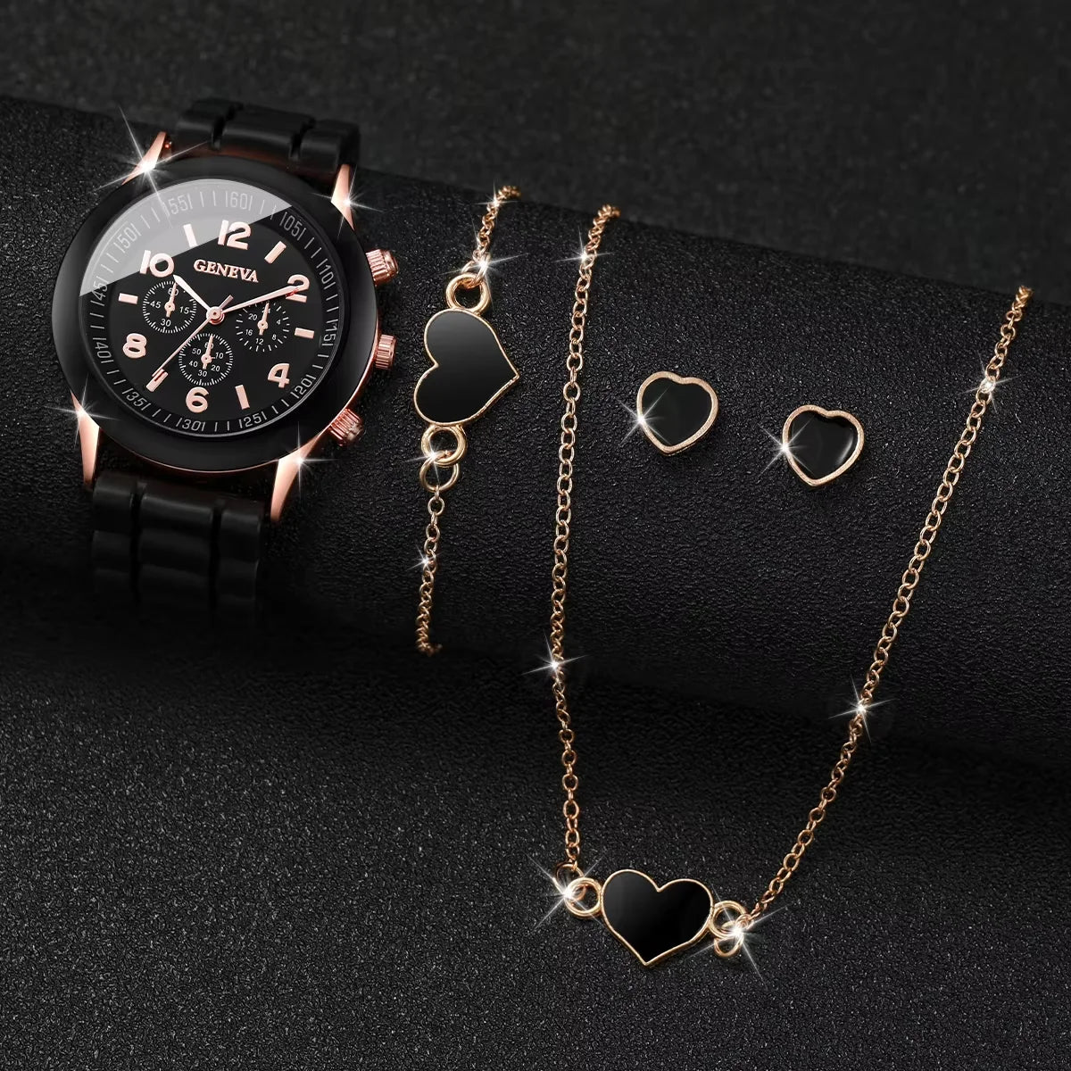 4 Pcs Geneva Women's Quartz Watch Set - Fashion Silicone Band with Heart Jewelry (Without Box)