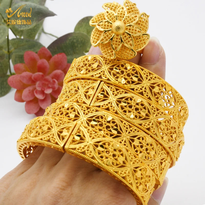 Women Charm Bracelet Bangle, 24K Gold Color Jewelry, Dubai Flower Bangle Brand, African Designer Ethiopian Hawaiian Jewelry - Hiccupzz