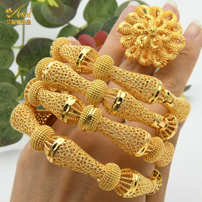 Women Charm Bracelet Bangle, 24K Gold Color Jewelry, Dubai Flower Bangle Brand, African Designer Ethiopian Hawaiian Jewelry - Hiccupzz