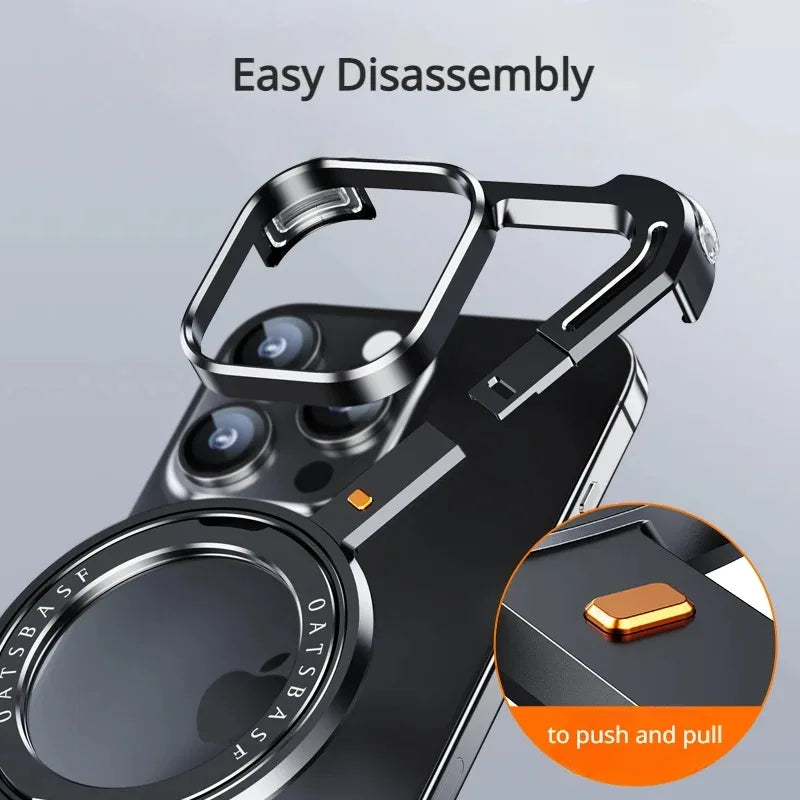 Eary Z Shape Frameless Phone Case for iPhone15 Pro Max/Plus/Pro/ 15 Magsafe Metal Cover Magnetic Bumper 360° Rotation with Stand - Hiccupzz