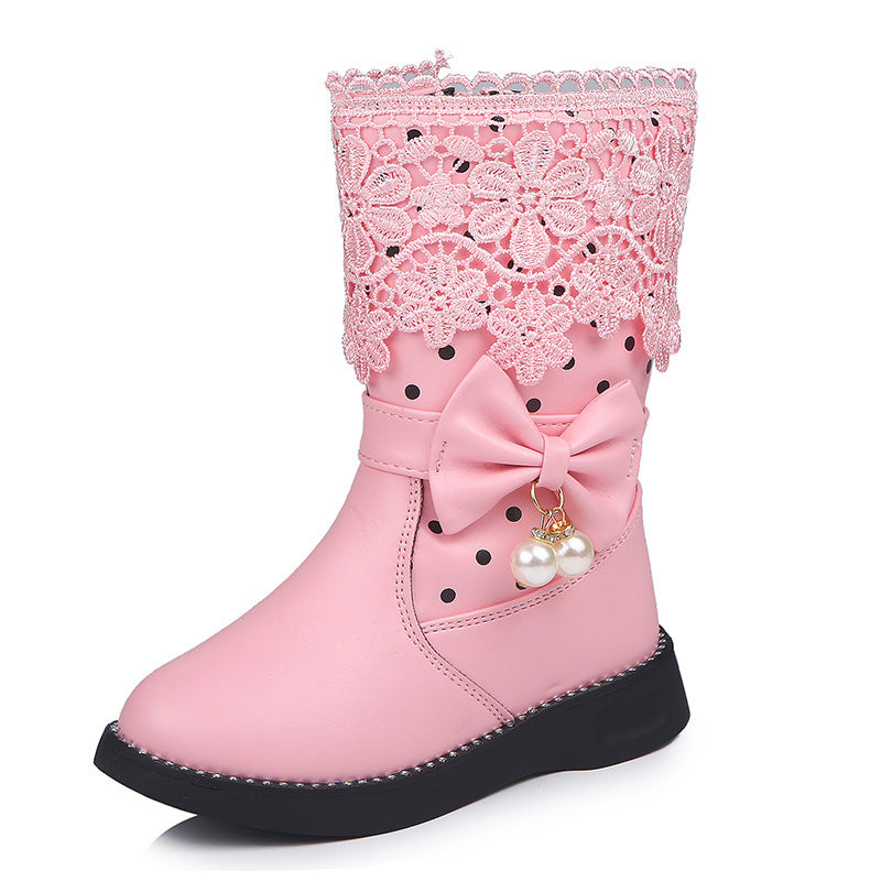 Bowknot Pendant Lace And Velvet Girls' Cotton Shoes - Hiccupzz