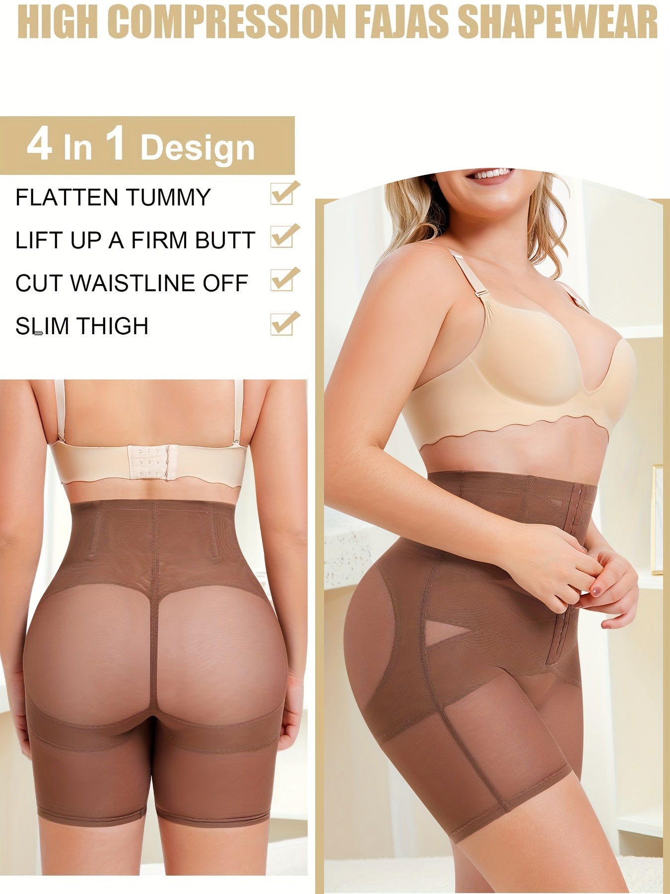 Women's High-Waist Shapewear Tummy Control Body Shaper Shorts, Butt Lifter Panties, Adjustable Waist Trainer, Breathable Fabric, With 4 Steel Bones - Hiccupzz