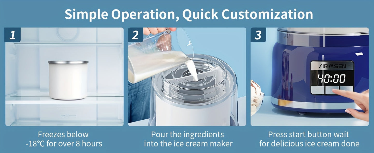 Ice Cream Maker, 2.1-Quart Frozen Yogurt Maker with LED Screen and Timer for Gelato, Milkshakes, Sorbet- Double-Insulated Freezer Bowl, Compact Size