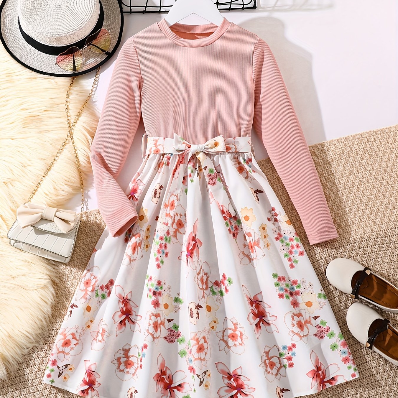 Girls' Floral Spliced Dress, Long Sleeves, Round Neck, Belted, Party Dress - Hiccupzz
