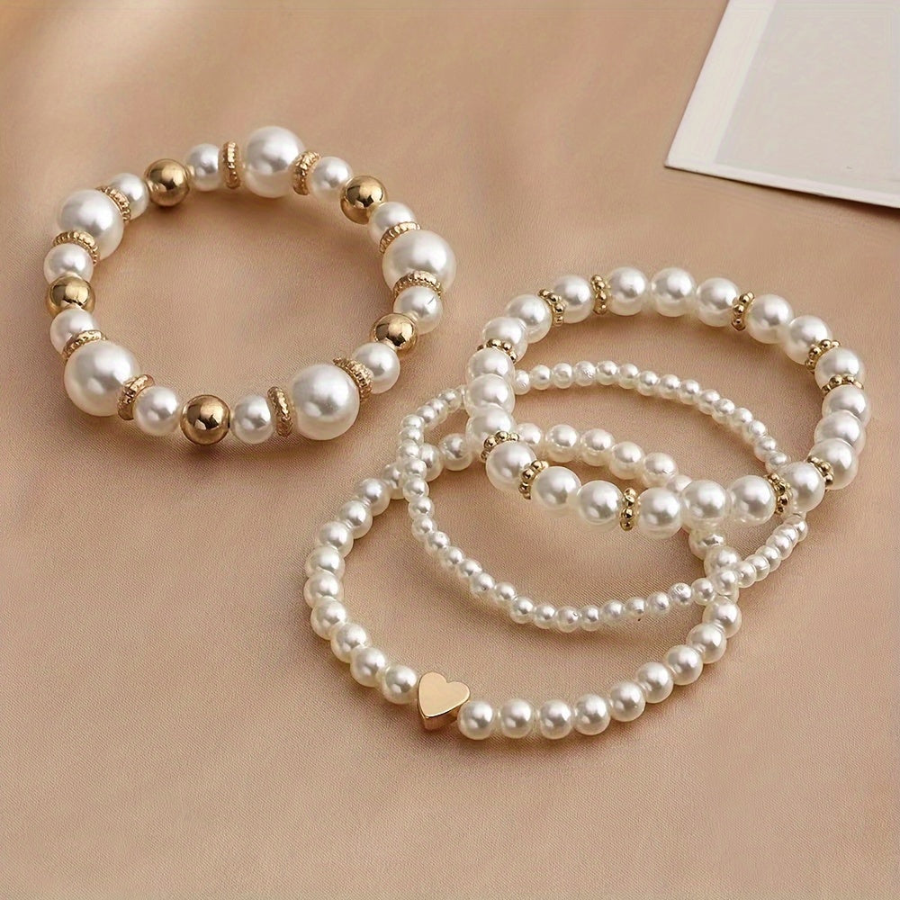 4-Piece Elegant Faux Pearl Beaded Bracelets – Women's Fashion Luxury Stackable Wristbands for Sophisticated Charm Jewelry - Hiccupzz