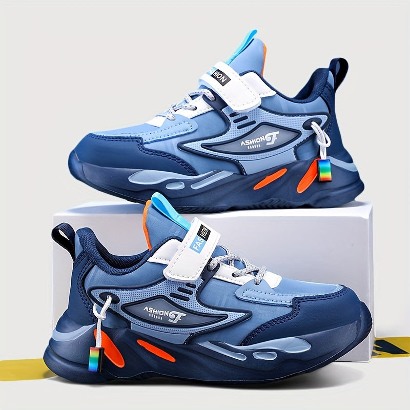 Boys' Sports Casual Running Shoes, Lightweight Microfiber Leather with Hook & Loop, Round Toe, EVA Sole, Striped All-Season Sneakers. - Hiccupzz