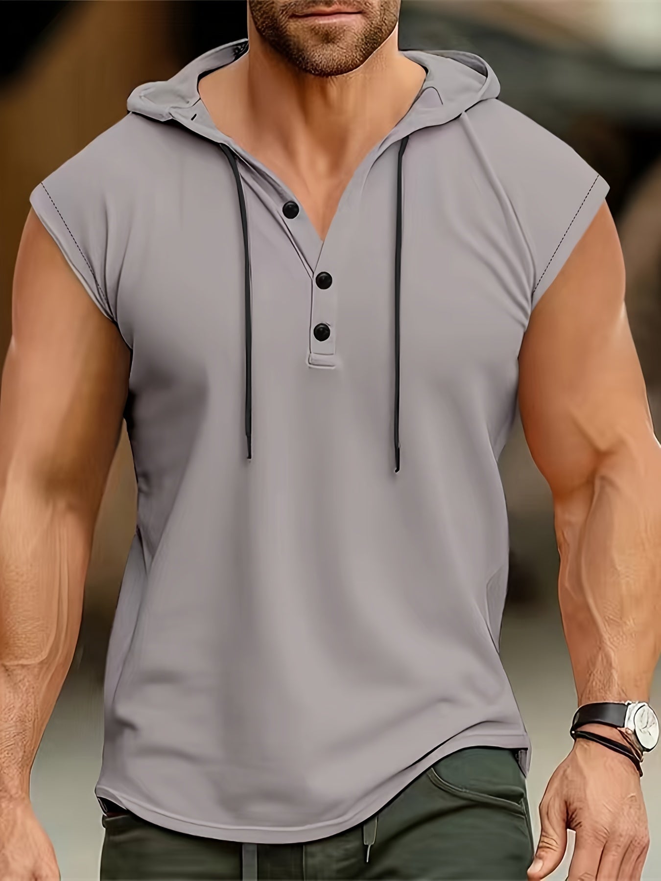 Men's Solid Color Henley Hooded Tank - Summer Fitness & Sports Wear - Hiccupzz