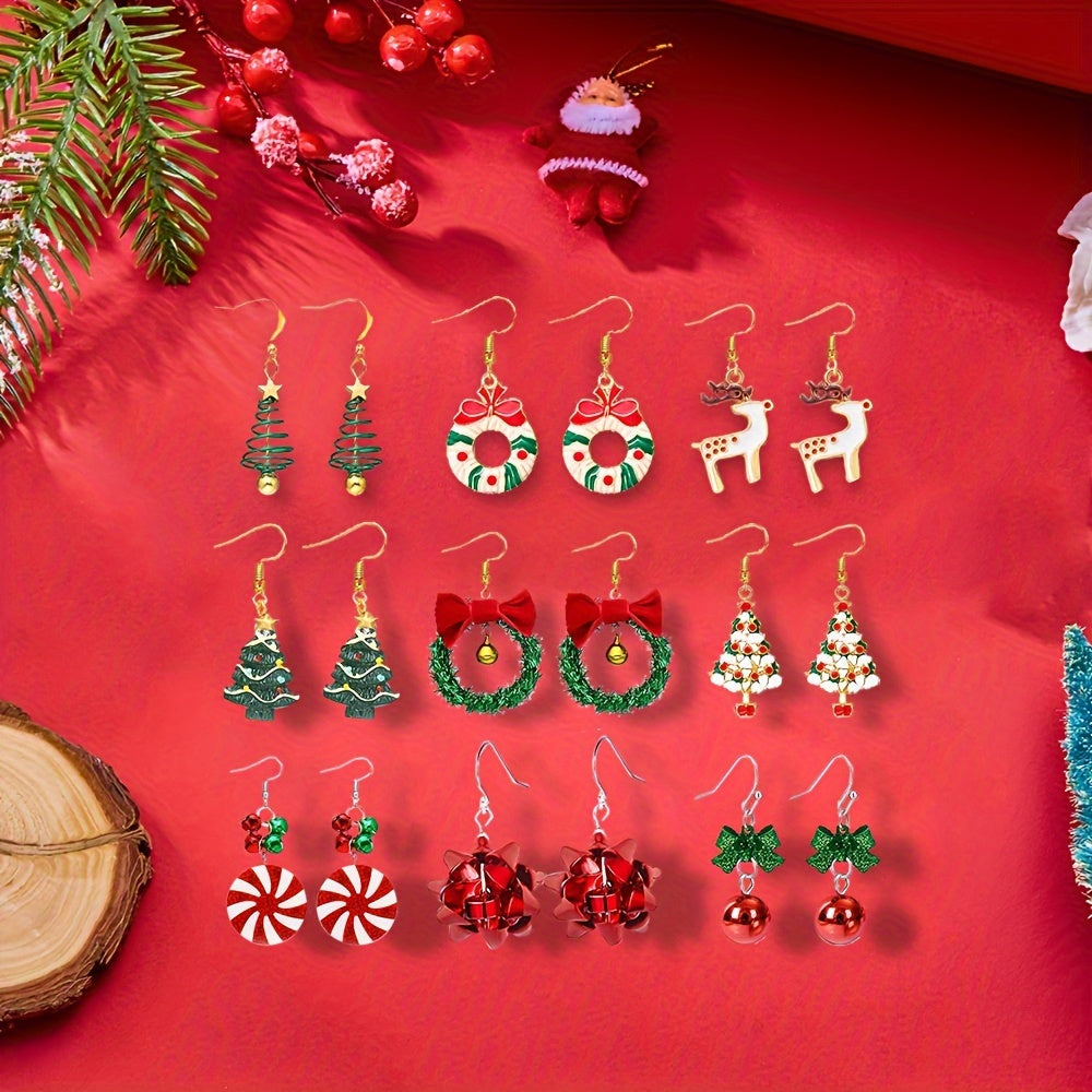 9-Piece Set of Bow and Christmas Earrings - Alloy Christmas Tree, Santa Claus, Bell Earrings for Parties, Holidays, and Daily Wear
