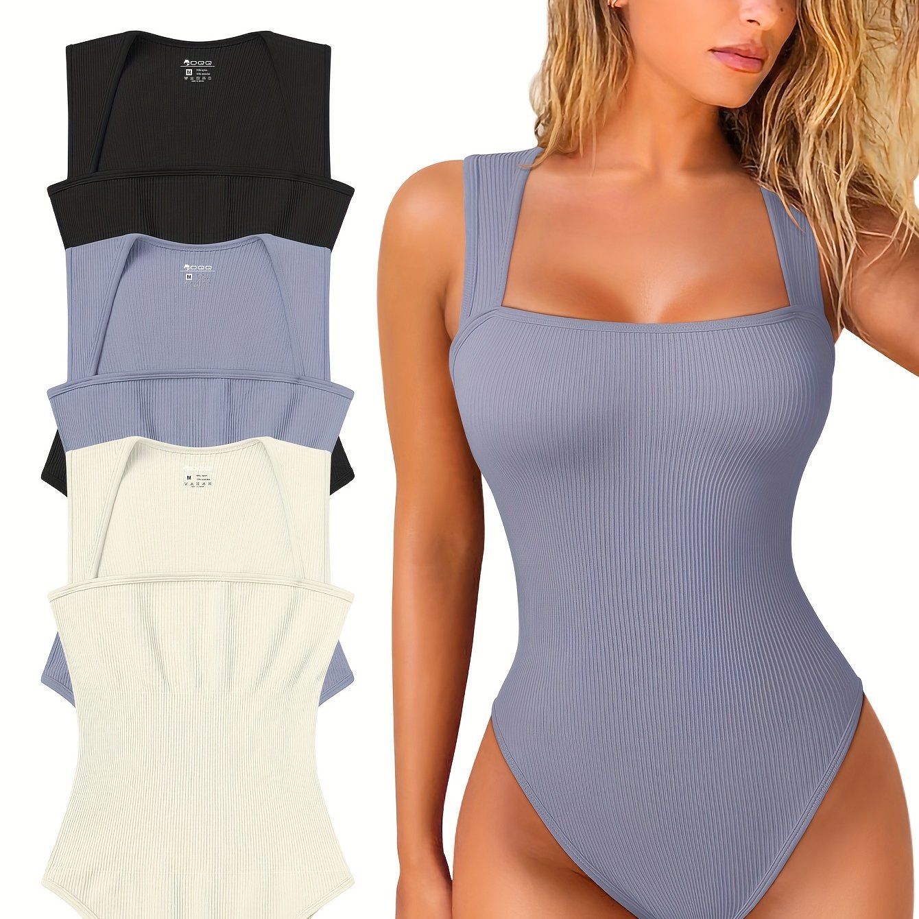 OQQ 3 Piece Bodysuits For Women Sexy Ribbed Strappy Square Neck Stretch Tank Tops Bodysuits - Hiccupzz