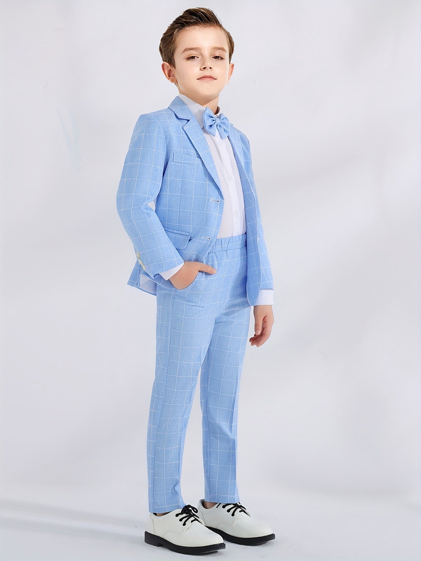 3-Pcs Boys Formal Plaid Gentleman Outfits, Long Sleeve Blazer, Bowtie, Pants Set - Hiccupzz