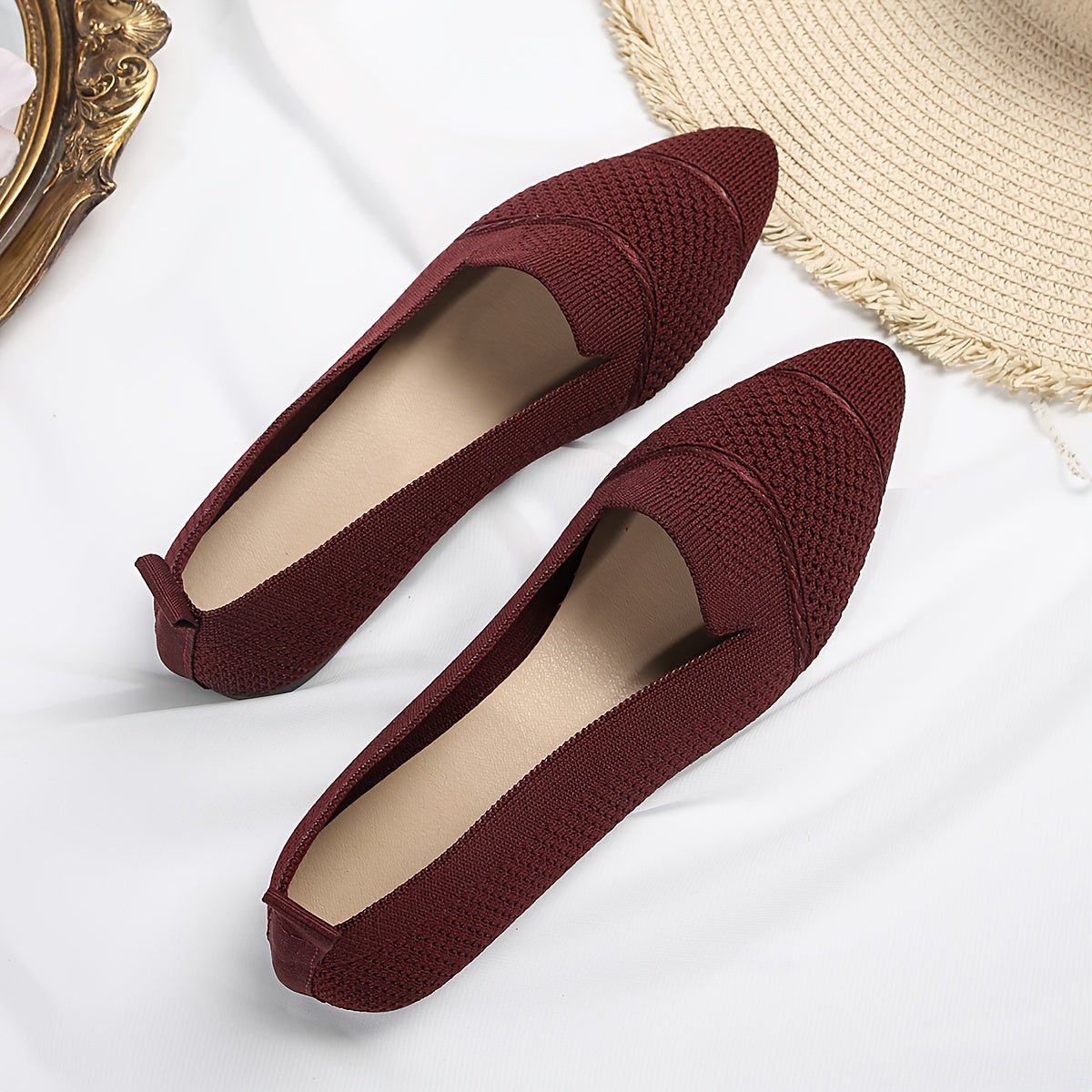 Women's Minimalist Slip-On Knitted Flats, Point Toe, Soft Sole Ballets, Lightweight Comfort - Hiccupzz