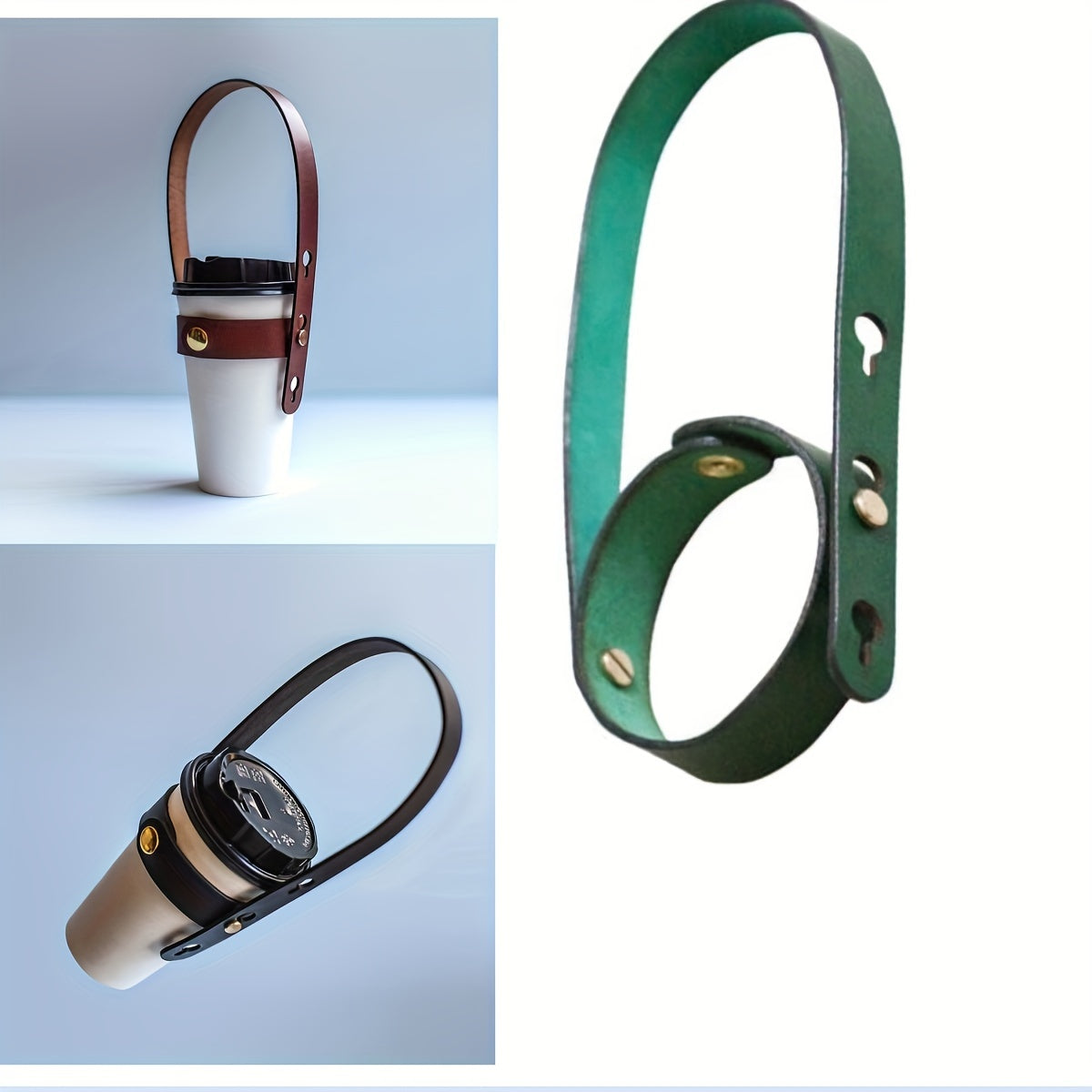 3 Pcs Faux Leather Coffee Cup Holders with Adjustable Straps - Perfect for Outdoor Adventures, Travel & Cruises - Vintage Green, Classic Brown, Deep Black - Hiccupzz