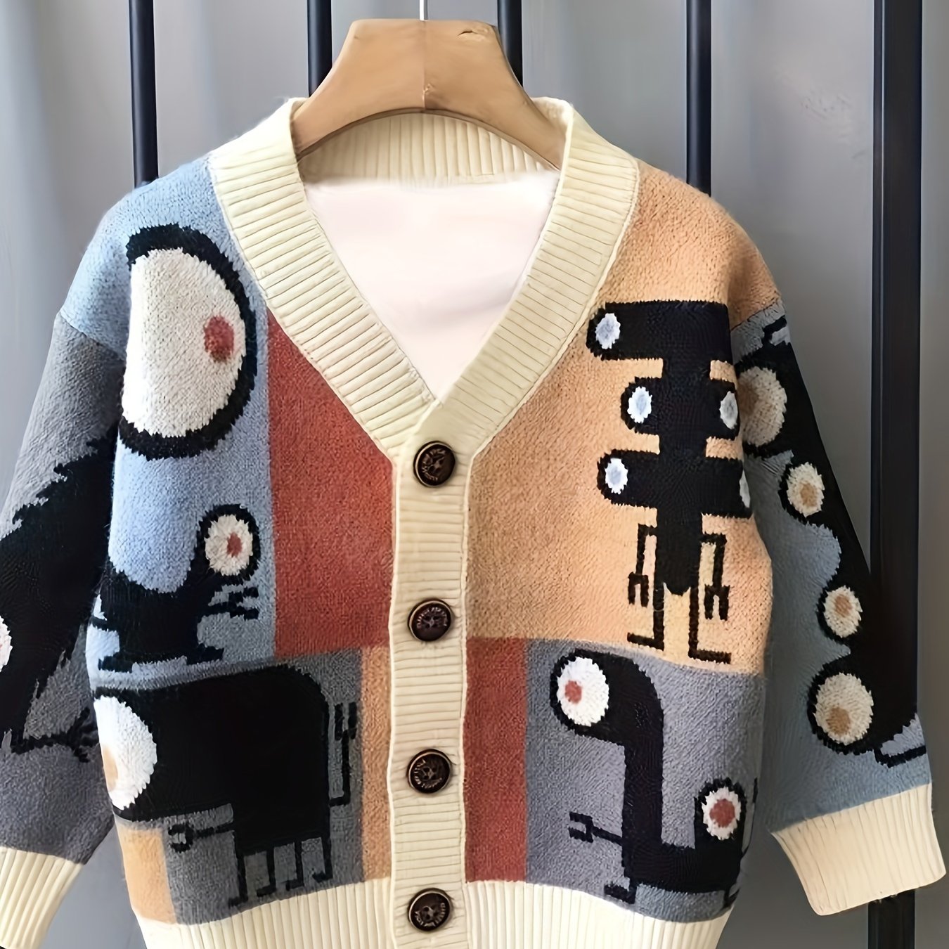 Boys' Cozy Knit Cardigan Sweater, Cartoon Design, V-Neck, Stretchy, Machine Washable - Hiccupzz